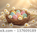 Colorful Easter eggs in a woven basket surrounded by white daisies on a soft fabric background, symbolizing spring and holiday celebrations 137609189