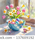 Colorful Easter eggs in a blue bowl surrounded by fresh flowers, including tulips and daffodils, with sunlight streaming through a window in a bright interior setting 137609192