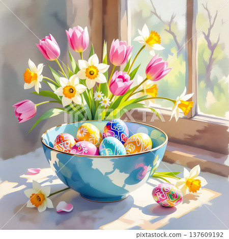 Colorful Easter eggs in a blue bowl surrounded by fresh flowers, including tulips and daffodils, with sunlight streaming through a window in a bright interior setting 137609192