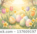 Colorful Easter eggs surrounded by blooming tulips and daffodils in a sunlit meadow, creating a vibrant spring scene with flowers and greenery 137609197