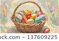 Colorful Easter eggs in a woven basket surrounded by blooming flowers, showcasing a festive spring theme with vibrant hues and intricate designs 137609225