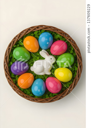 Colorful Easter eggs arranged around a white ceramic bunny in a woven basket filled with green grass on a light background, perfect for holiday celebrations Colorful Easter eggs arranged around a white ceramic bunny in a woven basket filled with green grass on a light background, perfect for holiday celebrations 137609229