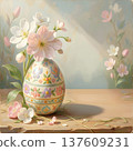 Decorative Easter egg adorned with floral patterns, placed on a wooden table with blooming flowers in a soft, pastel-colored background 137609231