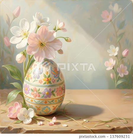Decorative Easter egg adorned with floral patterns, placed on a wooden table with blooming flowers in a soft, pastel-colored background 137609231