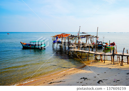 Boat at pier in sea. Landscape a traditional fishing village in Rachvem Bay on Phu Quoc Island 137609239