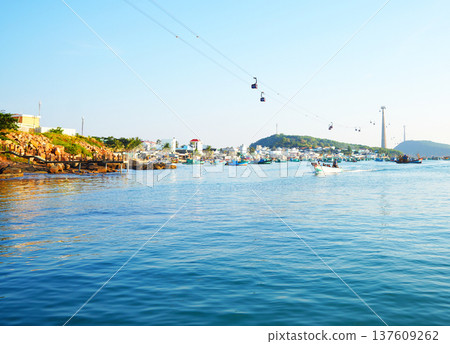 Cable car over An Thoi Bay on Phu Quoc in Vietnam. Cable car connects main island of Phu Quoc 137609262