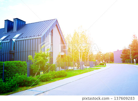 Modern residential house in barnhouse style. Premium Suburban Scandi home. Modern residential house in barnhouse style. Premium Suburban Scandi home. 137609283