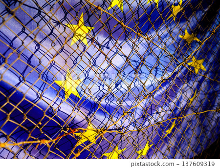 Barbed wire on European Union flag. Metal mesh barbed wire create visual barrier to EU. 137609319