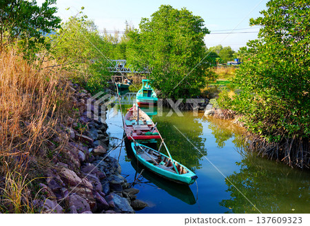 Fshing boats moored in narrow canal among mangroves in rural in Vietnam. Fshing boats moored in narrow canal among mangroves in rural in Vietnam. 137609323