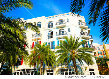 Apartment building in european architecture style in Sunset town in Phu Quoc. Palm trees  137609328