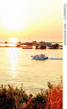 Speed boat in motion at harbor on sunset calm ocean water, distant fishing structures on sea evening 137609331