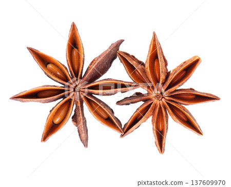 Star anise isolated on white background. Anise stars or badian spice. Clipping path. Top view. 137609970