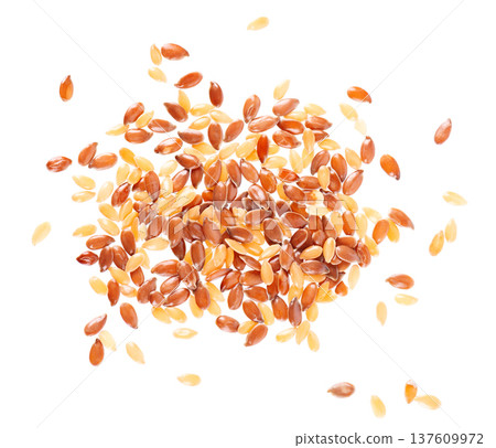 Flax seed mix isolated on white background. Golden and brown linseed or flaxseed. Clipping path. Top view. 137609972