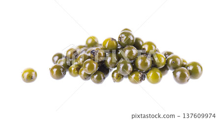 Pickled green peppercorns isolated on white background. Marinated unripe drupes of the Piper nigrum vine. Clipping path. Pickled green peppercorns isolated on white background. Marinated unripe drupes of the Piper nigrum vine. Clipping path. 137609974
