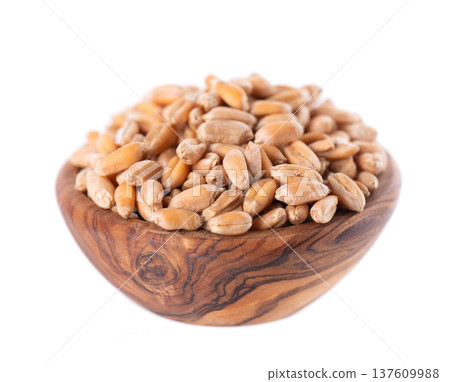 Wheat grains isolated on white background. Processed organic dry wheat seeds in wooden bowl. Clipping path. Wheat grains isolated on white background. Processed organic dry wheat seeds in wooden bowl. Clipping path. 137609988