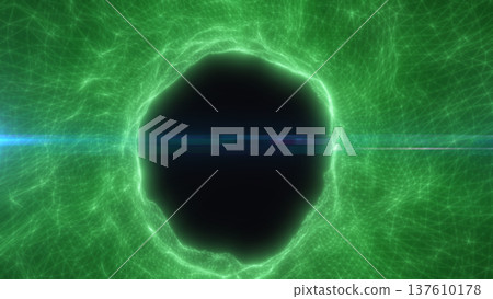 Green cyber portal with a blue light streak across a dark core, neon wireframe network and sci-fi technology backdrop 137610178