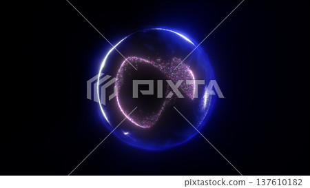 Blue transparent bubble orb with a pink particle swirl and neon glow on a dark background 137610182