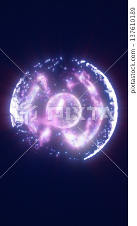 Glowing purple energy orb with swirling arcs and particles on dark background, futuristic plasma symbol like a magical portal or atomic ring 137610189