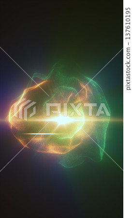 Abstract glowing energy core with flowing green and golden light waves, forming a luminous futuristic shape with depth and radiant motion 137610195