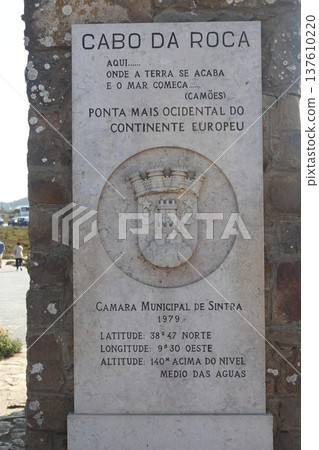Official stone monument at Cabo da Roca marking the westernmost point of continental Europe. 137610220