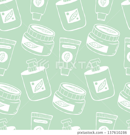 Outline Natural Cosmetics Seamless Pattern. White Linear eco herbal Cream, Skincare Bottles on Light Green Background. Hand Drawing Doodle. Vector Square illustration Outline Natural Cosmetics Seamless Pattern. White Linear eco herbal Cream, Skincare Bottles on Light Green Background. Hand Drawing Doodle. Vector Square illustration 137610286