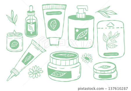 Outline Natural Green Organic Cosmetics. Skincare with Herbal Ingredients Doodle Set. Isolated Line Art hand-drawn. Vector Illustration Outline Natural Green Organic Cosmetics. Skincare with Herbal Ingredients Doodle Set. Isolated Line Art hand-drawn. Vector Illustration 137610287
