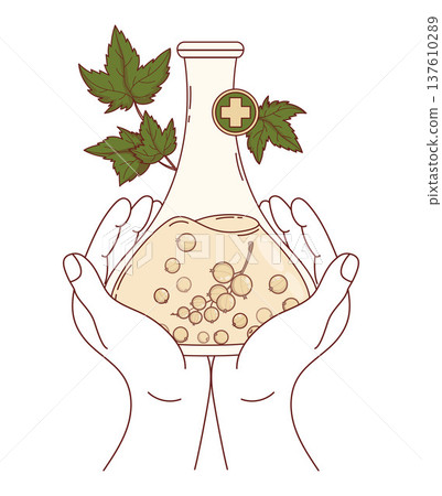 Linear Human Hands Carefully Holding Laboratory Flask with White Currant Extract and Green Leaves. Natural Cosmetics and Pharmacy, eco-friendly cosmetic and skincare. Vector Illustration Linear Human Hands Carefully Holding Laboratory Flask with White Currant Extract and Green Leaves. Natural Cosmetics and Pharmacy, eco-friendly cosmetic and skincare. Vector Illustration 137610289