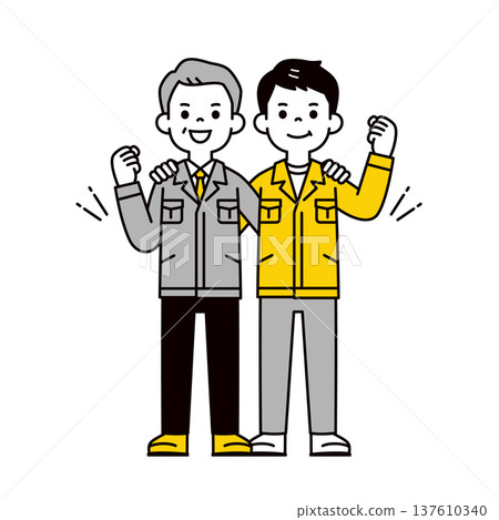 總統、工廠經理和年輕男員工身著工作服，齊心協力，共同合作。這是一幅全身向量插圖，描繪了他們三人身著工作服的場景。 137610340