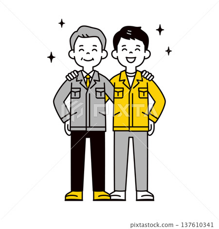 A simple full-body vector illustration of a smiling president/manager and a young male worker in work clothes, putting their arms around each other's shoulders 137610341