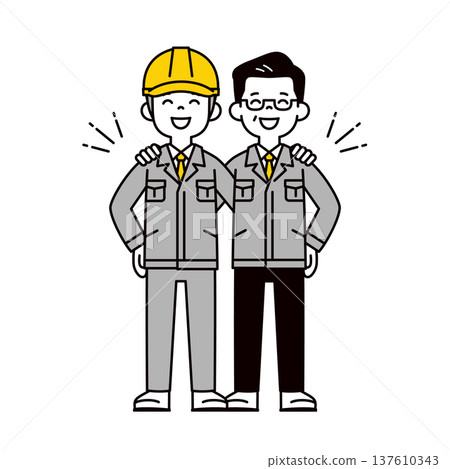 一幅簡潔的全身向量插圖，描繪了工廠或工地上的男性工人團結協作、並肩站立的場景。 137610343