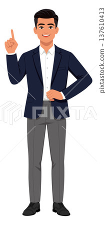 Businessman pointing finger up isolated white 137610413