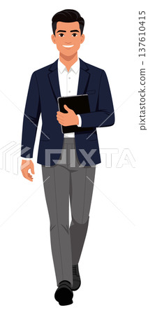 Businessman walking with tablet isolated white Businessman walking with tablet isolated white 137610415