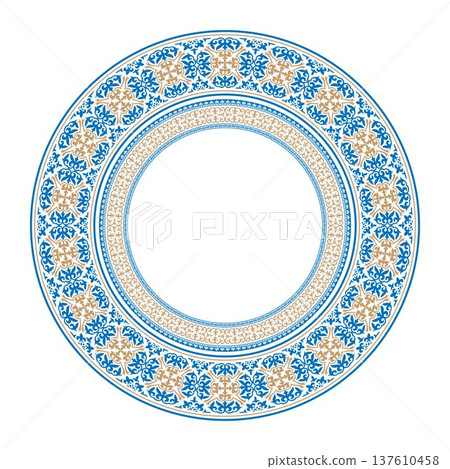 Oriental plate with arabesque pattern. Golden blue plate. Vintage, ethnic vector frame with arabesques (EPS). Pattern frame for round surfac, sandblasting, ceramics, household utensil, embroidery. Vec 137610458