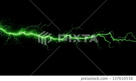 Bright green lightning (thunder, electricity, bioenergy) discharging on a black background 137610538