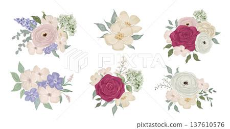 Floral watercolor bouquet with vintage botanical illustration and delicate leaves. Romantic garden composition with rose and peony Floral watercolor bouquet with vintage botanical illustration and delicate leaves. Romantic garden composition with rose and peony 137610576