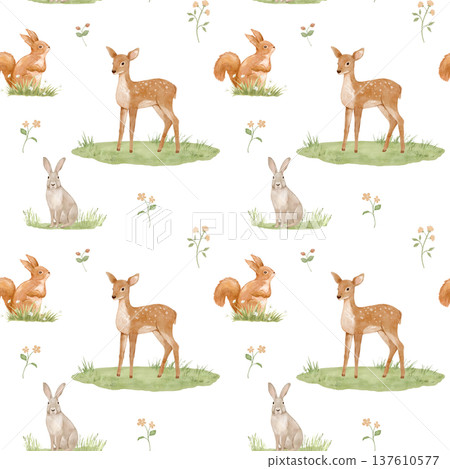 Seamless pattern with forest animals squirrel, rabbit and deer on white background, woodland watercolour illustrations 137610577