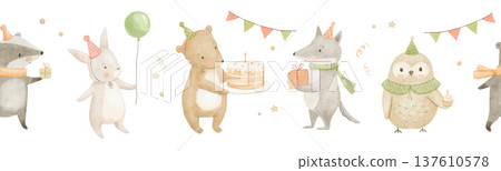 Seamless border with birthday woodland animals on isolated background. Endless print perfect for wallpaper 137610578