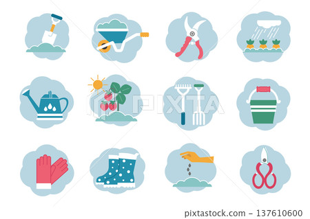 Gardening Icon Set. Pastel Blue Pink White Gardening Icon Set. Pastel Blue Pink White 137610600