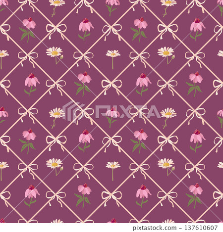 Minimalist Botanical Diamond Grid. Daisies Echinacea Plum Minimalist Botanical Diamond Grid. Daisies Echinacea Plum 137610607