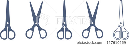 一組剪刀圖標,包括打開和關閉的剪刀,其中剪刀握柄部分被遮蓋。 一組剪刀圖標,包括打開和關閉的剪刀,其中剪刀握柄部分被遮蓋。 137610669