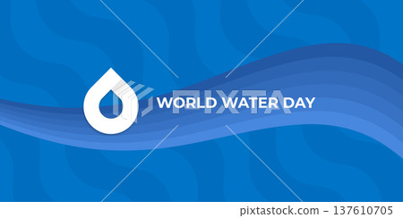 World Water Day wide banner on blue wave background. March 22 environmental awareness poster with water drop icon. Modern water day vector illustration World Water Day wide banner on blue wave background. March 22 environmental awareness poster with water drop icon. Modern water day vector illustration 137610705