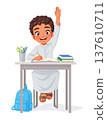 Happy young Arab elementary school boy sits at his desk raising his hand. Cartoon vector illustration. 137610711