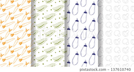 Set of seamless patterns with colored engraved vegetables Set of seamless patterns with colored engraved vegetables 137610740