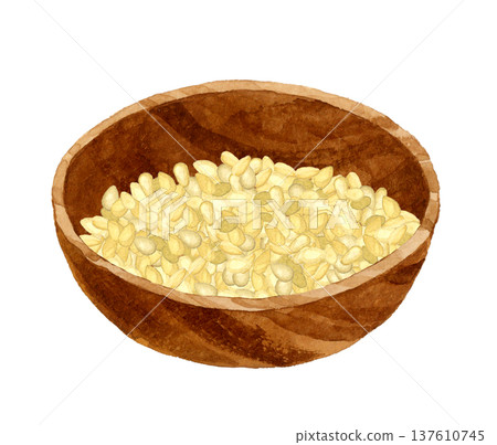 White sesame seeds in a wooden bowl. Hand-drawn watercolor illustration of vegetables and condiments. White sesame seeds in a wooden bowl. Hand-drawn watercolor illustration of vegetables and condiments. 137610745