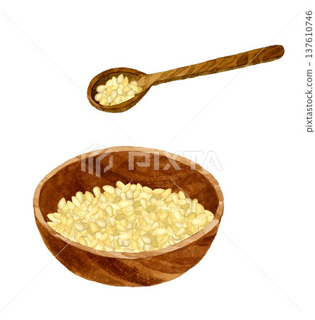White sesame seeds and spoon in a wooden container. Hand-drawn watercolor illustration of vegetables and condiments. 137610746