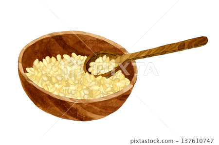 White sesame seeds and spoon in a wooden container. Hand-drawn watercolor illustration of vegetables and condiments. White sesame seeds and spoon in a wooden container. Hand-drawn watercolor illustration of vegetables and condiments. 137610747