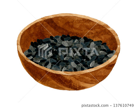 Black sesame seeds in a wooden bowl. Hand-drawn watercolor illustration of vegetables and condiments. Black sesame seeds in a wooden bowl. Hand-drawn watercolor illustration of vegetables and condiments. 137610749