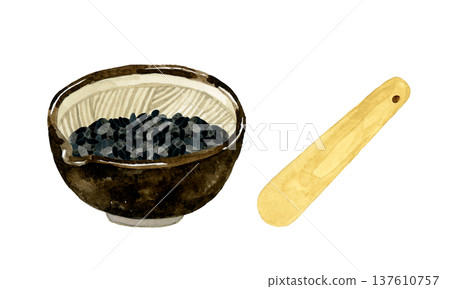 Set of black sesame seeds in a mortar and a pestle. Hand-drawn watercolor illustration of vegetables and condiments. Set of black sesame seeds in a mortar and a pestle. Hand-drawn watercolor illustration of vegetables and condiments. 137610757