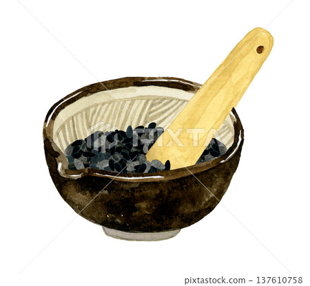 Black sesame seeds in a mortar and pestle. Hand-drawn watercolor illustration of vegetables and condiments. 137610758