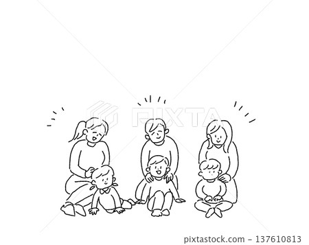 坐著的小孩和女人,線條畫 坐著的小孩和女人,線條畫 137610813